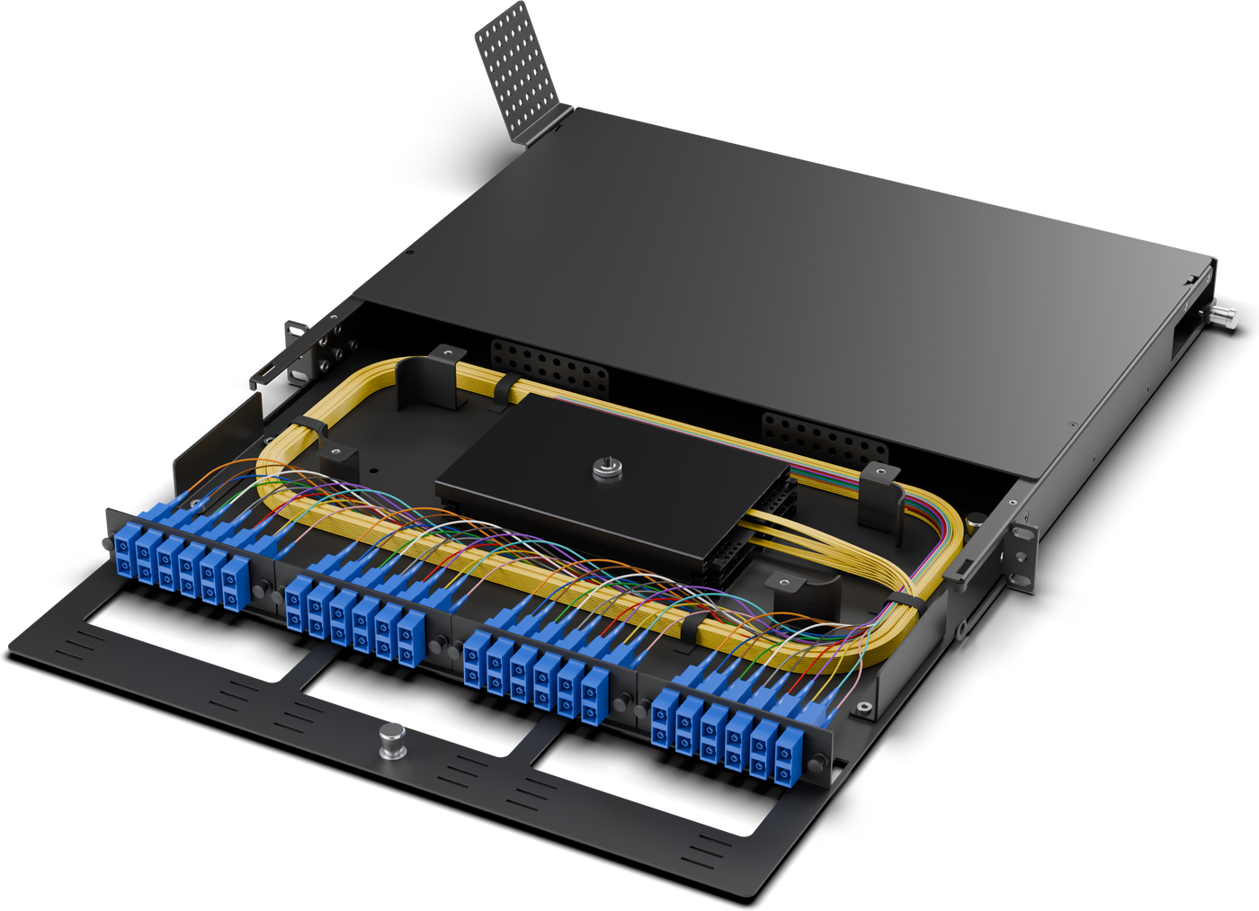 Loose tube build, 48F: 4x 12-port SC/UPC plates, 3 m loose-tube pigtails with color-coded 900 µm ends, looped twice around the guides into black metallic splice trays.