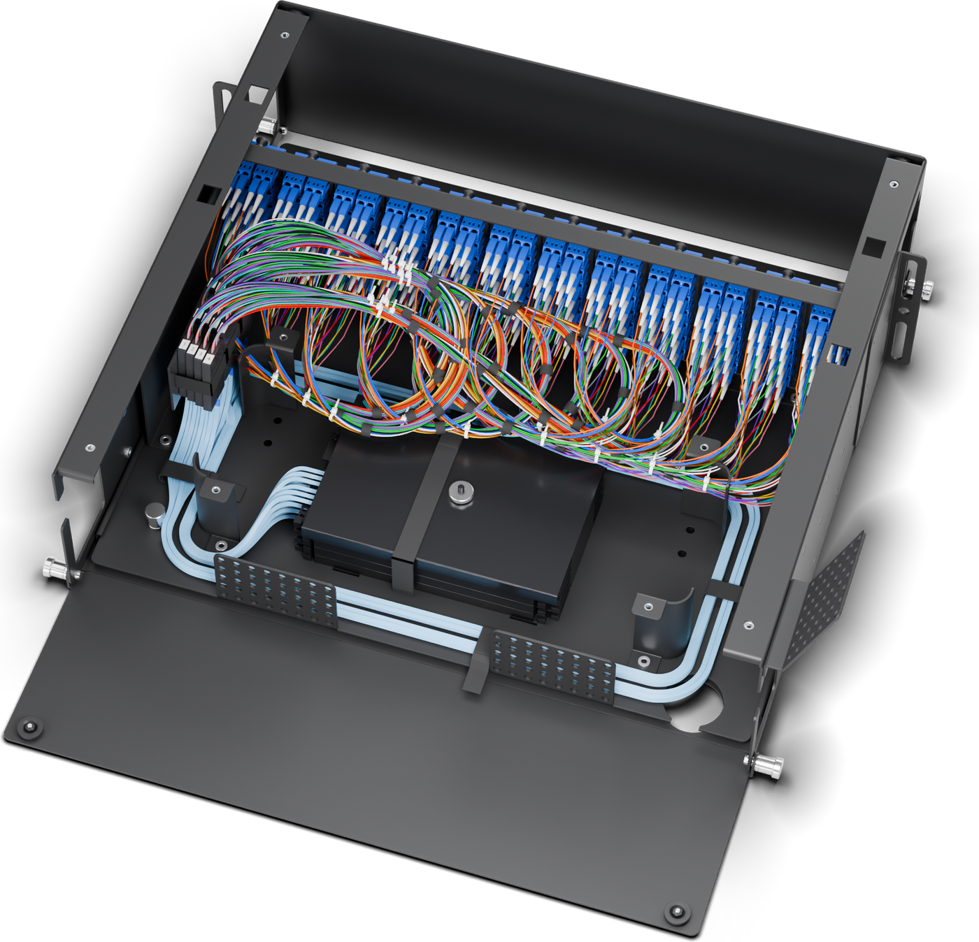 288F LC build. Lids off: 12 HD 24-port adaptor plates, ribbon singlemode pigtails, and black metallic splice trays.