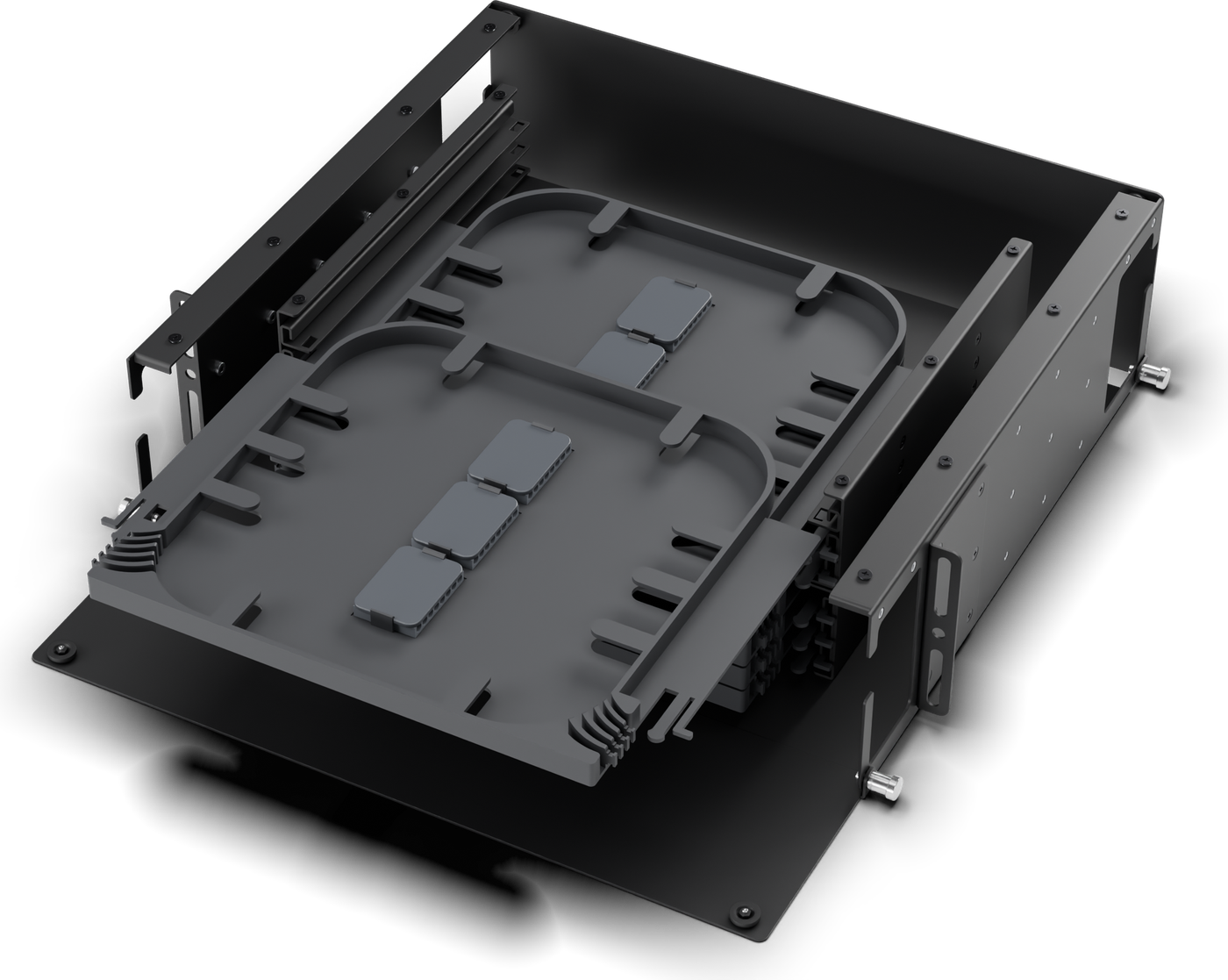 Lid removed: the tray stack on its rails.