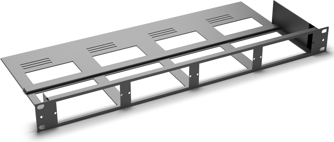 HDS1U-E empty panel: four open positions, rear cutouts and vent slots.