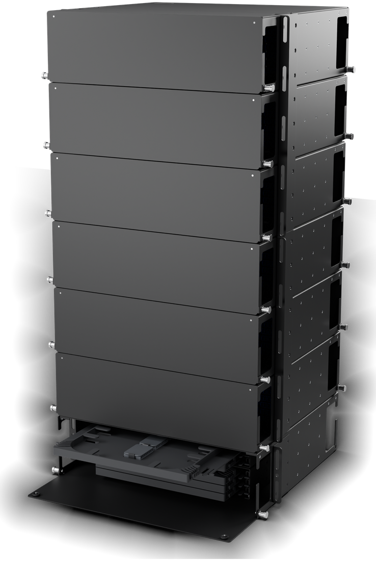 Six One Optics HD3U enclosures stacked over an HD3US splice enclosure, 1,728 ports, doors closed