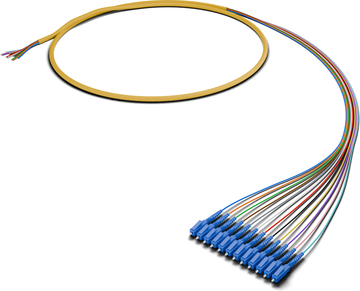 900 µm loose tube: 18 in of bare colors, then a yellow mesh sleeve.