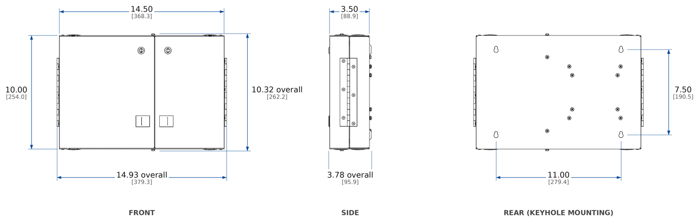 Front, side and rear views. Dimensions in inches [mm].
