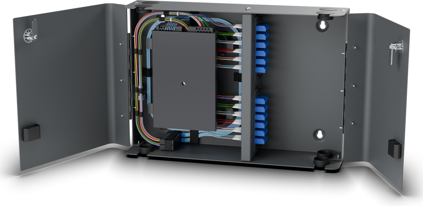 Ribbon LC build, 48F: 2x 24-port LC/UPC plates, ribbon pigtails, and black metallic splice trays.