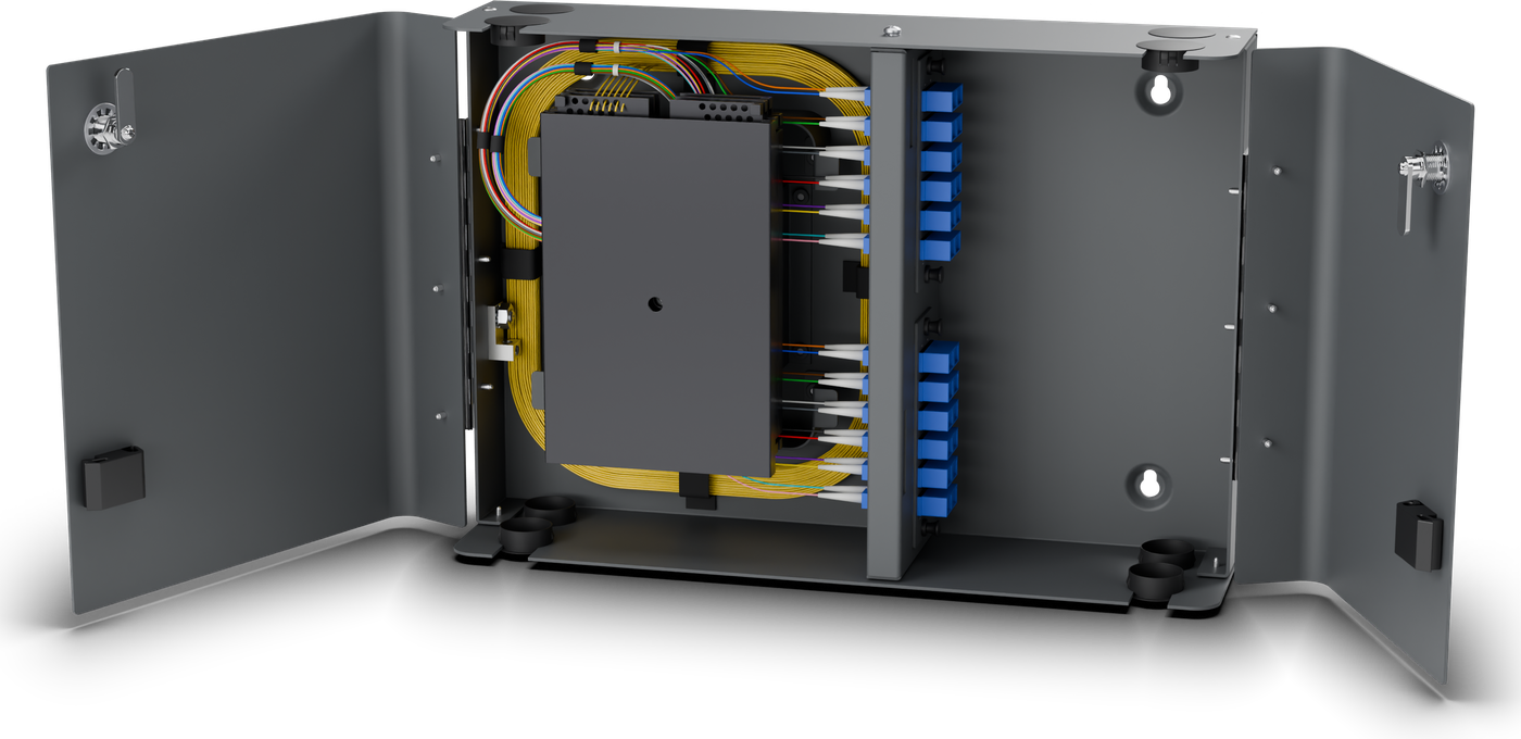 Loose tube build, 24F: 2x 12-port SC/UPC plates, color-coded 900 &micro;m fan-outs, 3 m pigtails, black metallic splice trays.
