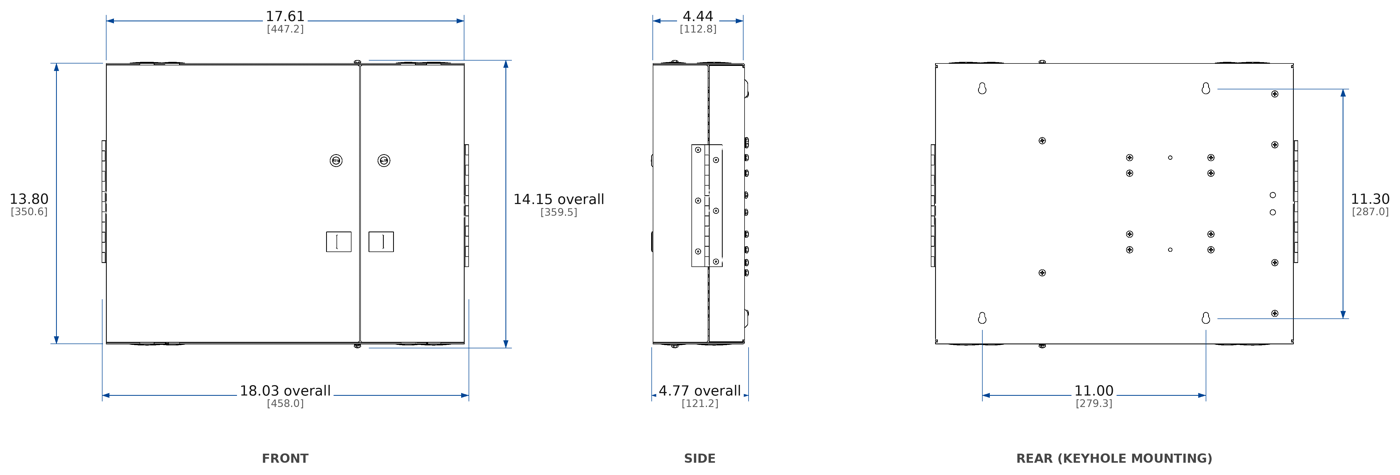 Front, side and rear views. Dimensions in inches [mm].