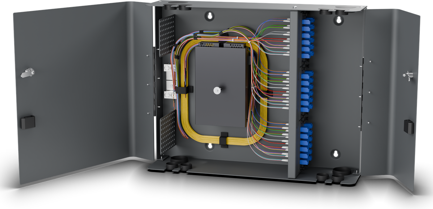 Loose tube build, 72F: 6x 12-port SC or LC plates, 900 &micro;m loose tube singlemode pigtails, and black metallic splice trays.